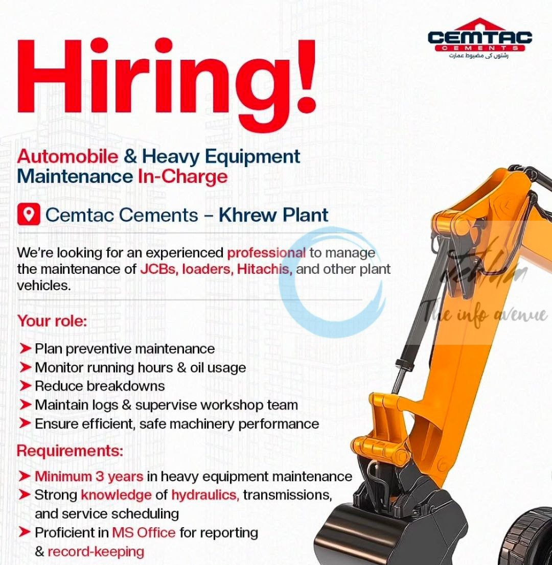 Cemtac Cements Khrew Plant Automobile Heavy Equipment Maintenance In-Charge Job Opportunities 2025