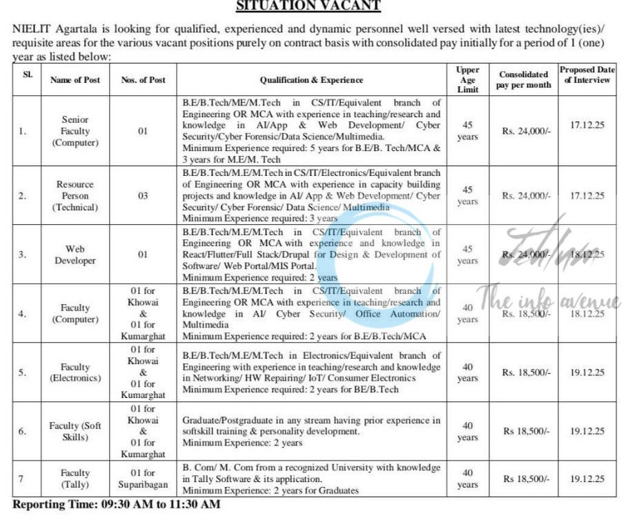 NIELIT Agartala Faculty and Technical Positions walk in 2025