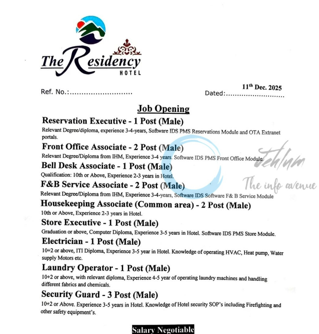 The Residency Hotel Srinagar staff job opportunities 2025