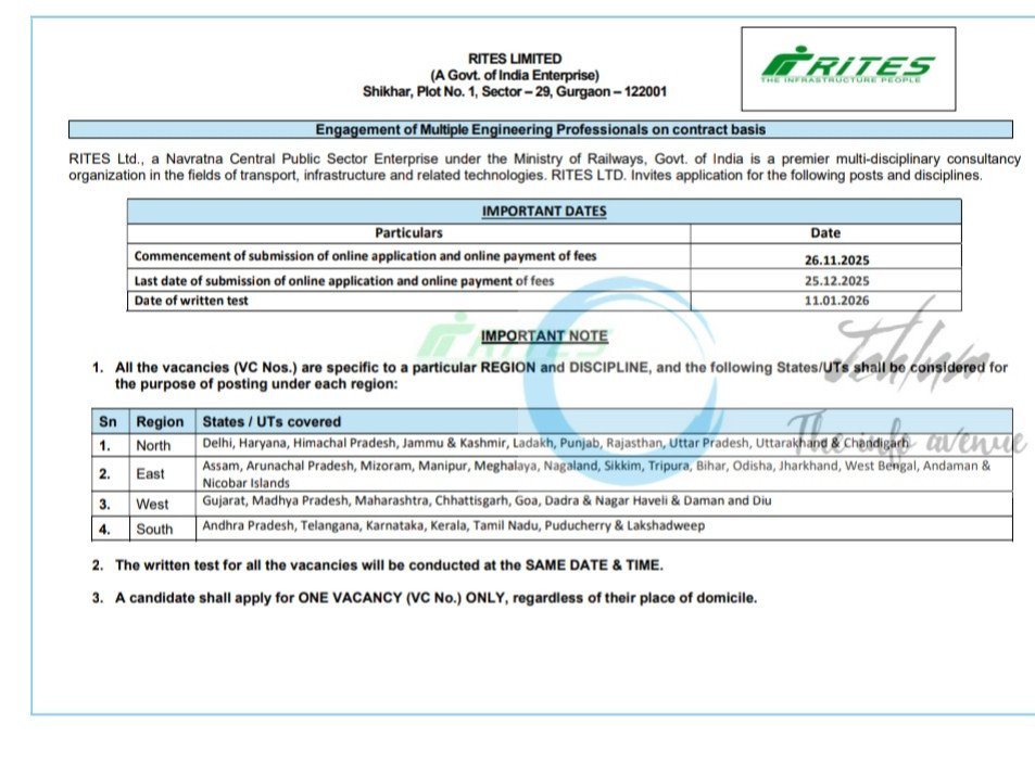 RITES Limited job opportunities notice M/89/25 to M/120/25