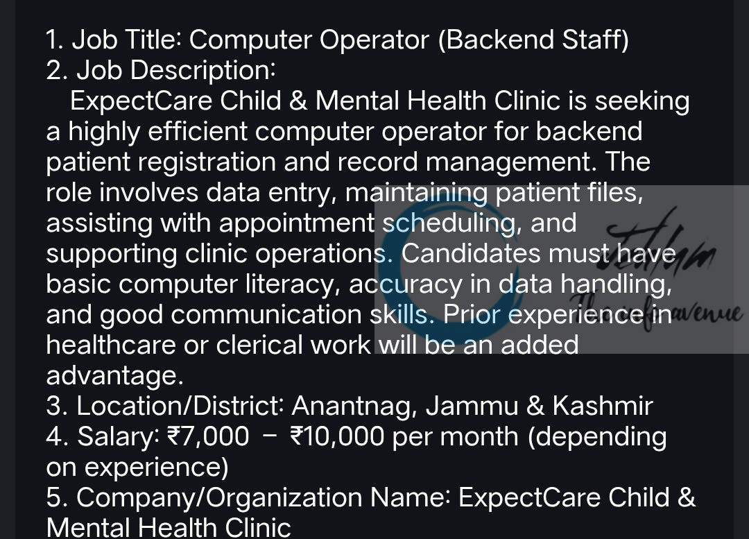 Expect Care Child and Mental Health Clinic Anantnag Computer Operator Job opportunities 2025