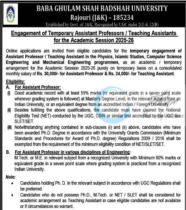 BABA GHULAM SHAH BADSHAH UNIVERSITY BGSBU RAJOURI ASSISTANT PROFESSOR AND TEACHING ASSISTANT EMPLOYMENT OPPORTUNITIES BGSBU/DAA/25/274