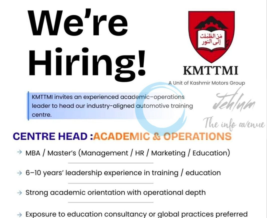 KMTTMI Kashmir Motors Group srinagar Centre Head Academic and Operations Job Opportunities 2025