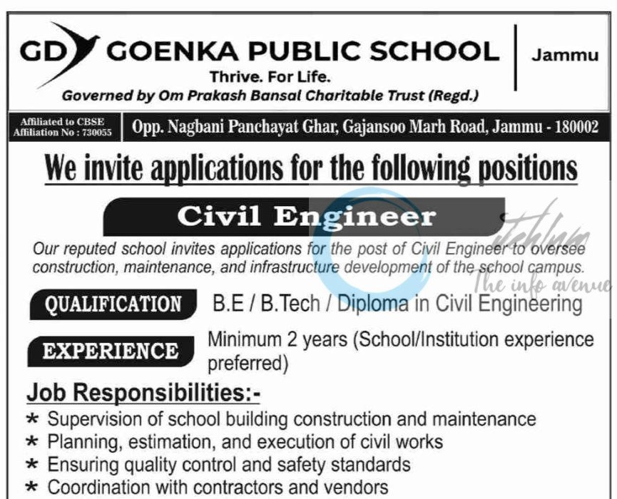 GD Goenka Public School GDGPS Jammu Civil Engineer job opportunities 2025