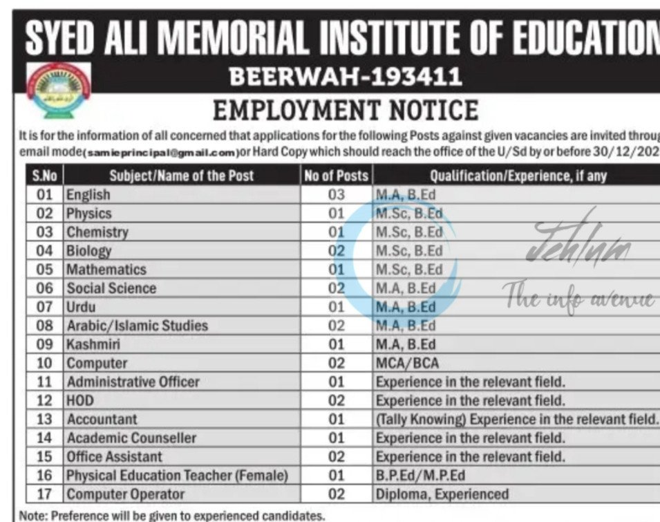 Syed Ali Memorial Institute of Education SAMIE Beerwah employment opportunities 2025