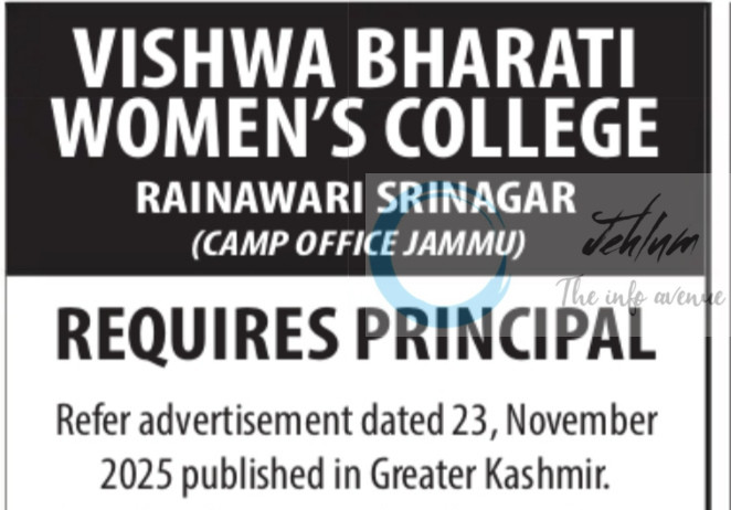 Vishwa Bharati Womens College srinagar Principal opportunities Application Deadline Extended 2025