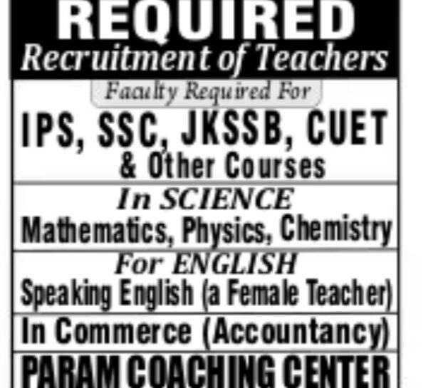 Param Coaching Center Bemina faculty job opportunities 2025
