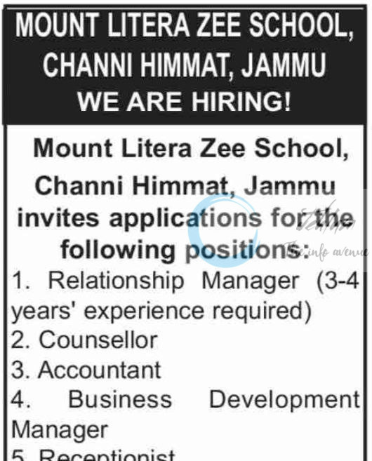 Mount Litera Zee School MLZS jammu Staff job opportunities 2025