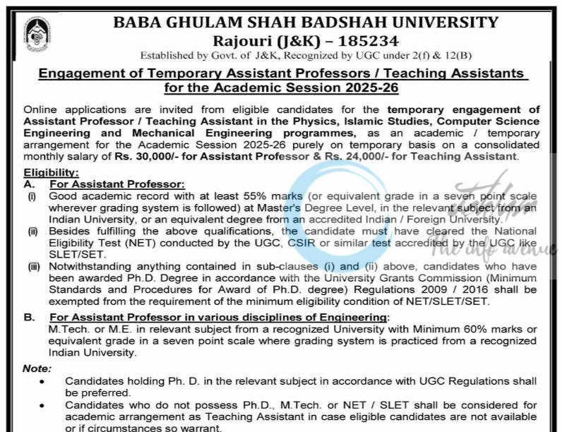 Baba Ghulam Shah Badshah University BGSBU Rajouri Assistant Professors job opportunities 2025