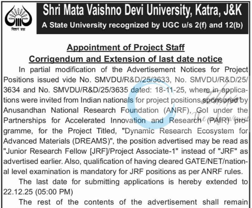 SMVDU Katra Project Staff job opportunities Last Date Extended 2025