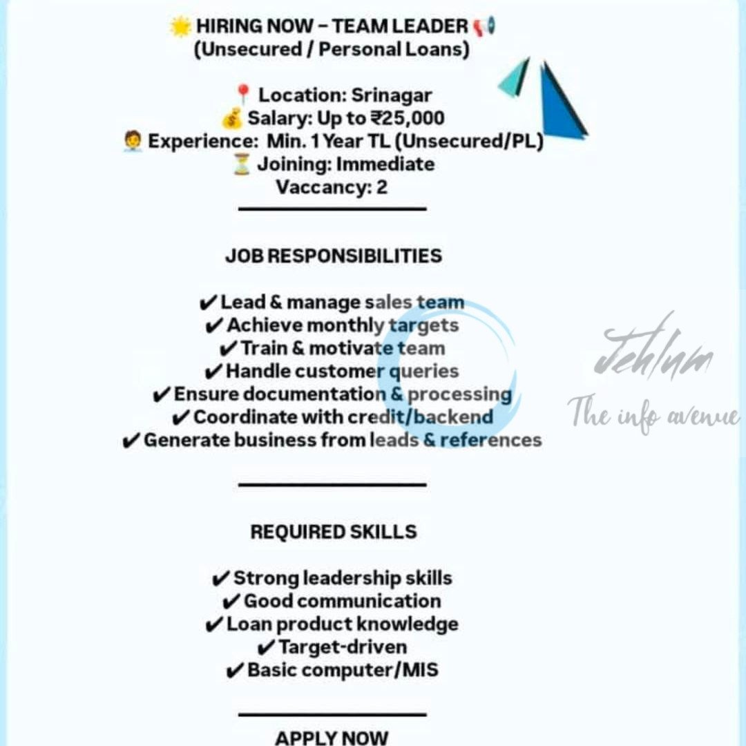 Wishfin srinagar team leader job opportunities 2025
