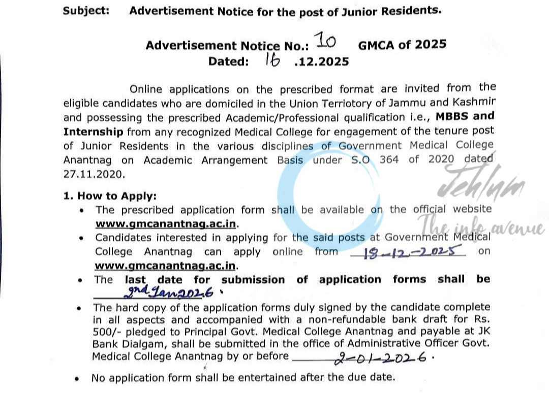 GMC Anantnag GMCA Junior Resident employment opportunities notice 10 GMCA of 2025