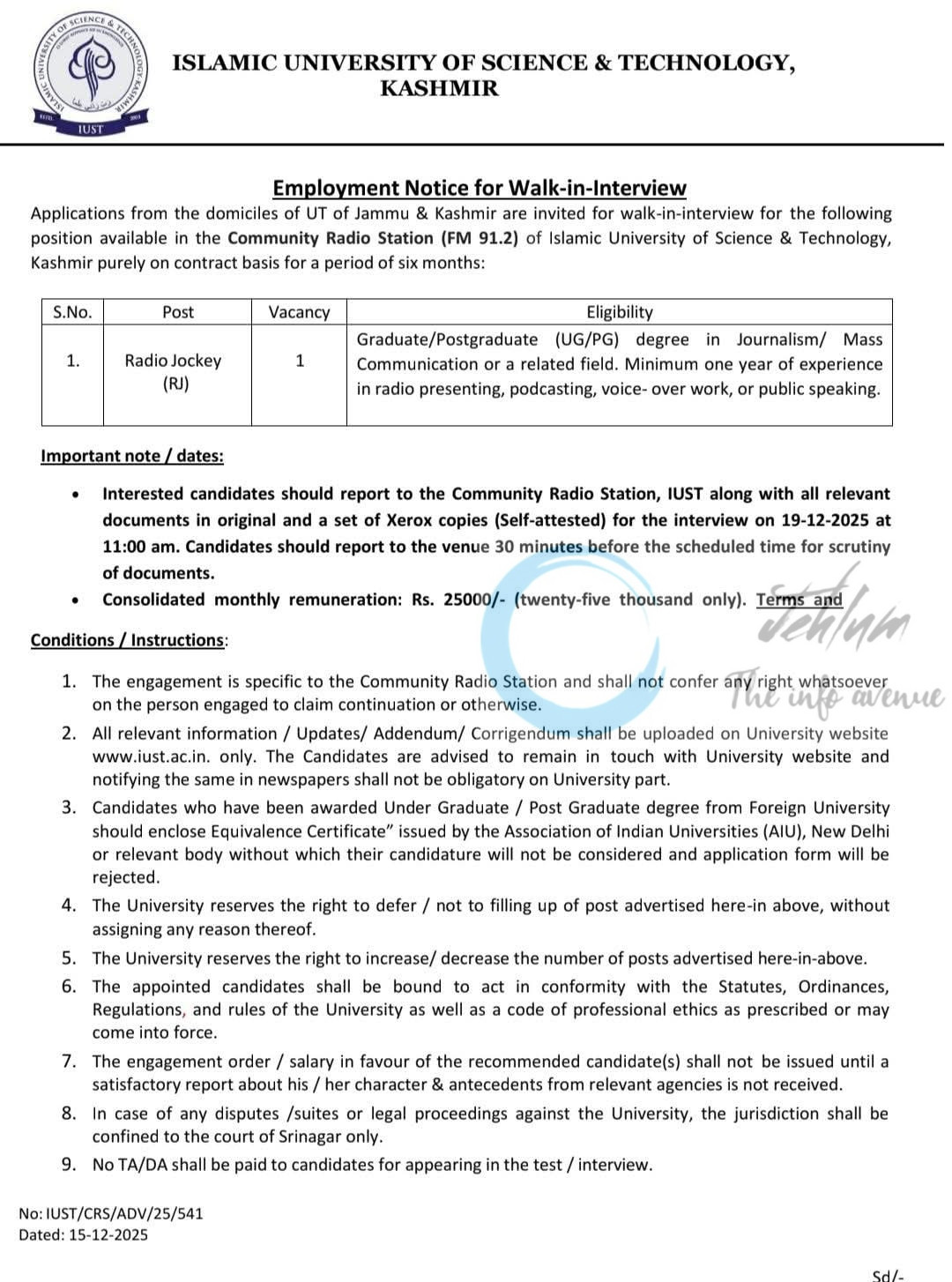 ISLAMIC UNIVERSITY OF SCIENCE AND TECHNOLOGY IUST PULWAMA RADIO JOCKEY JOB OPPORTUNITIES WALK IN IUST/CRS/ADV/25/541