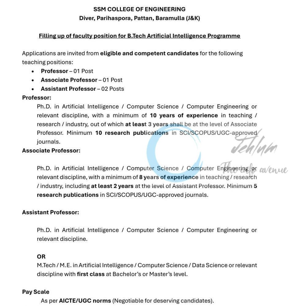 SSM COLLEGE OF ENGINEERING BARAMULLA FACULTY JOB OPPORTUNITIES 2025