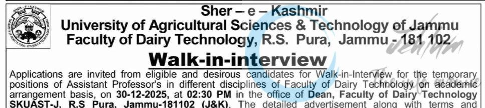 SKUAST JAMMU FACULTY OF DAIRY TECHNOLOGY AP EMPLOYMENT OPPORTUNITIES WALK IN AU/FDT/25-26/F-05/539-543