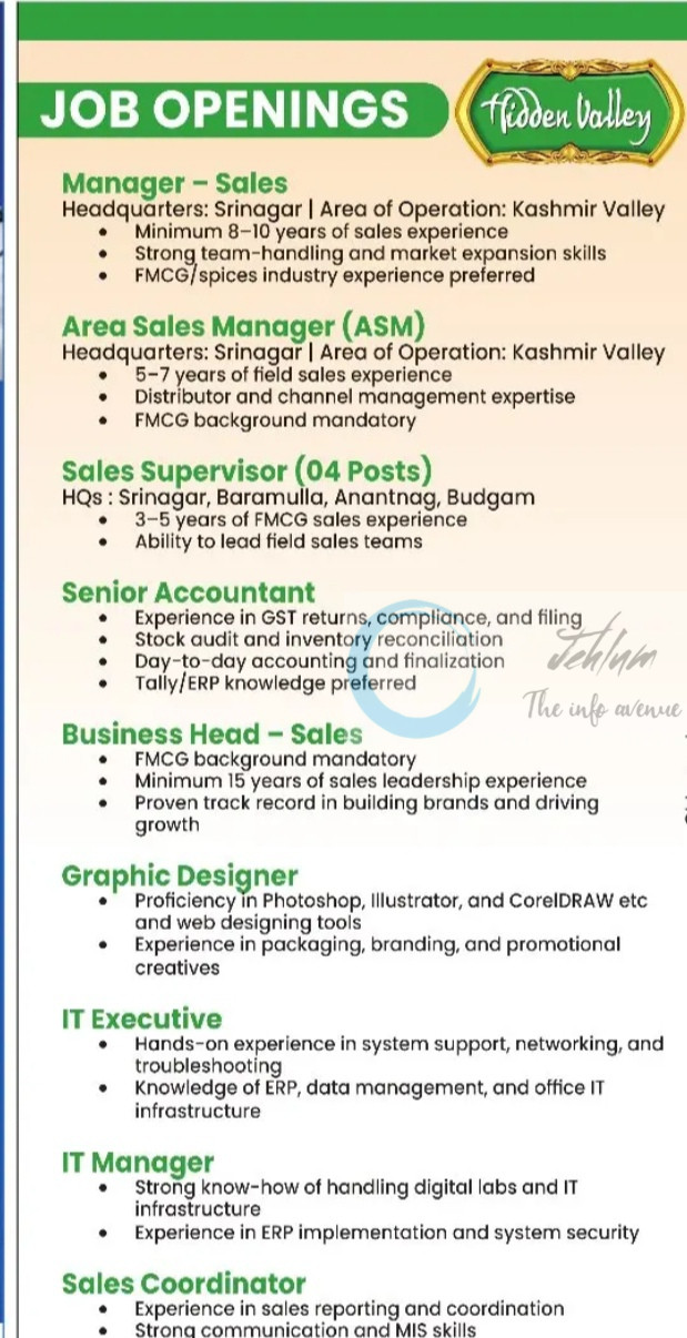 Hidden Valley Banday Impex Pvt Ltd Kashmir staff job opportunities 2025
