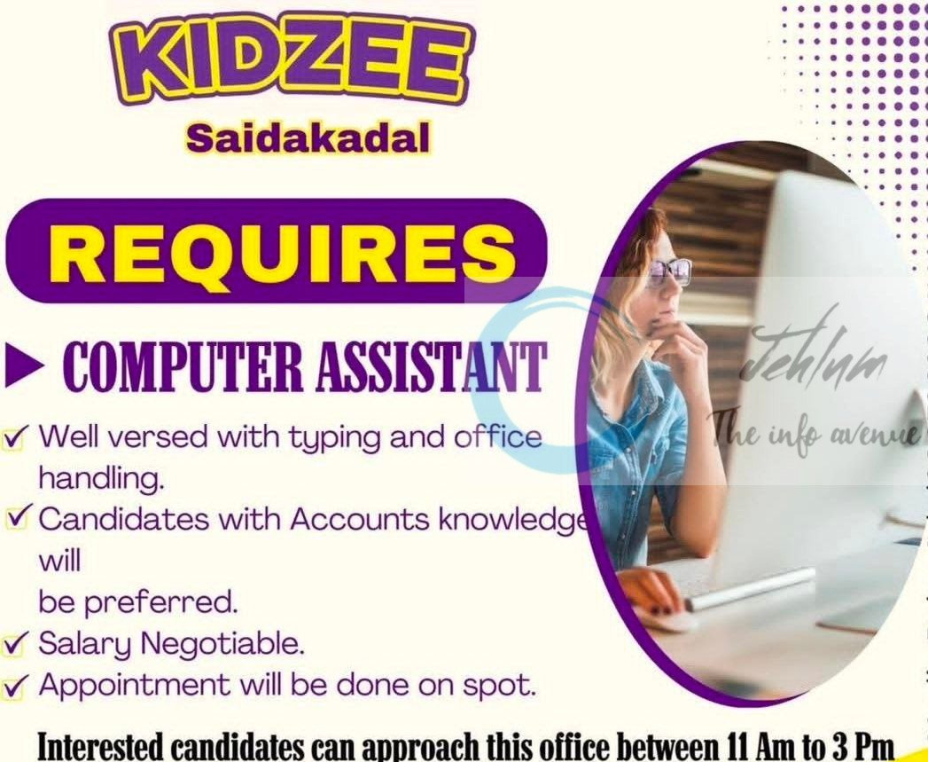 Kidzee Saidakadal Srinagar Computer Assistant job opportunities 2025