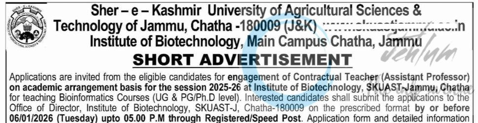 SKUAST-J Institute of Biotechnology AP EMPLOYMENT OPPORTUNITIES 2025