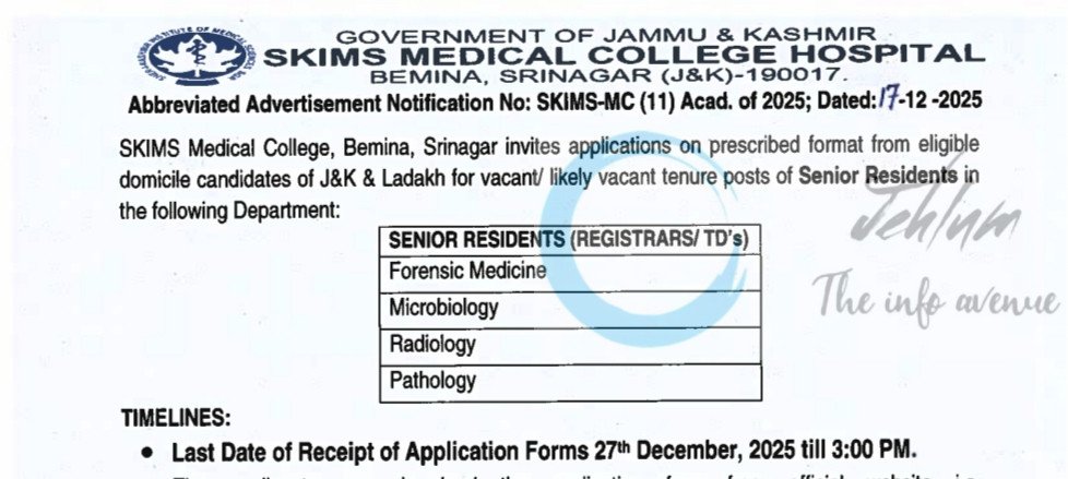 SKIMS MC Department of Medical Education Srinagar Senior Resident employment opportunities notice 11 Acad of 2025 