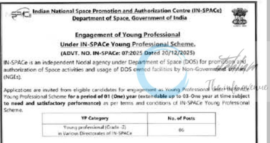 Indian National Space Promotion and Authorization Centre IN-SPACE Deptt of Space Young Professional job opportunities 2025