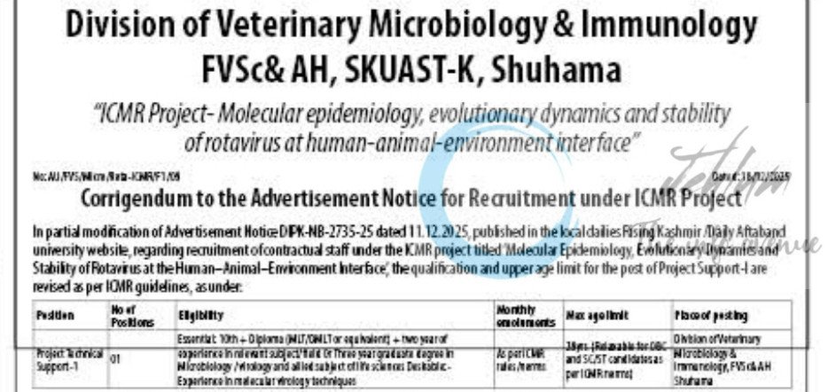 SKUAST-K Division of Veterinary Microbiology and Immunology Project Technical Support-I job opportunities 2025