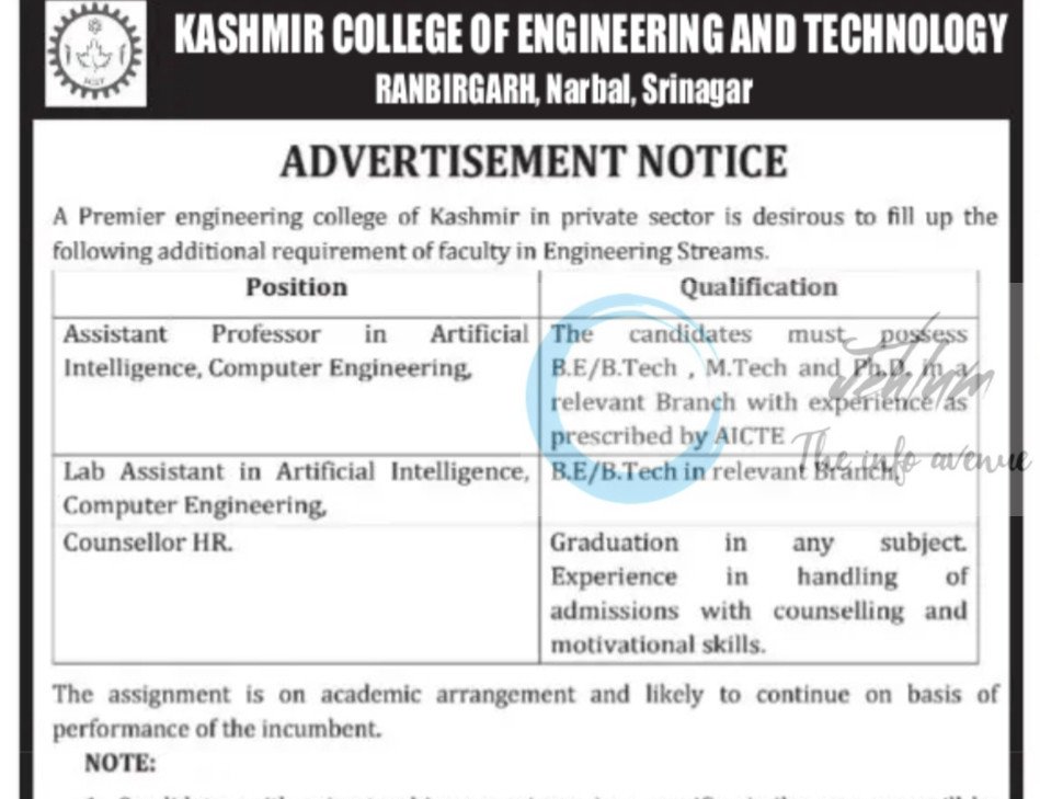 Kashmir College of Engineering and Technology KCET Srinagar faculty job opportunities 2025