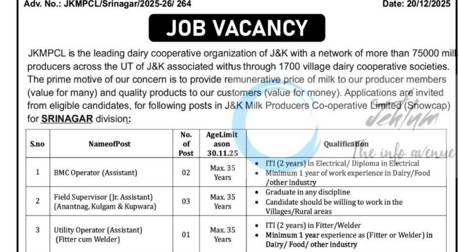 JAMMU and KASHMIR MILK PRODUCERS CO-OPERATIVE LIMITED JKMPCL SRINAGAR STAFF JOB OPPORTUNITIES NOTICE JKMPCL/Srinagar/2025-26/264