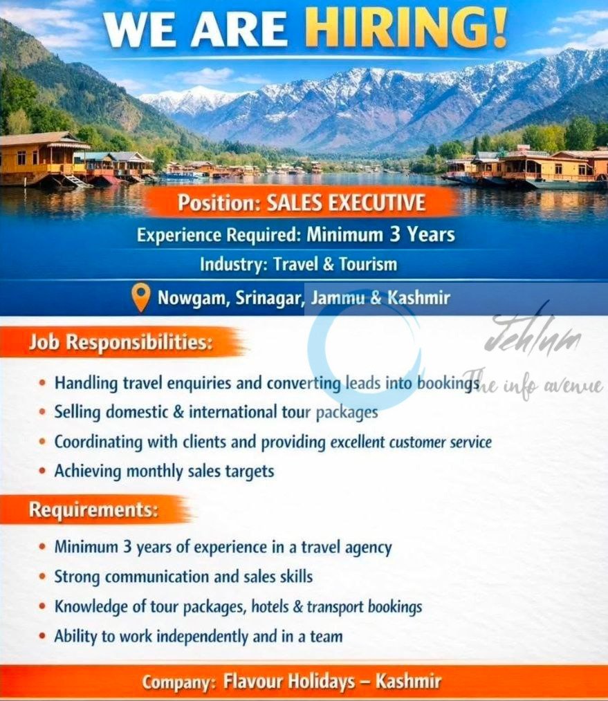 Flavour Holidays Kashmir srinagar Sales Executive job opportunities 2025