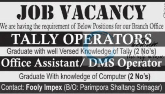 Fooly Impex FI Srinagar Tally Operator/Office Assistant job opportunities 2025