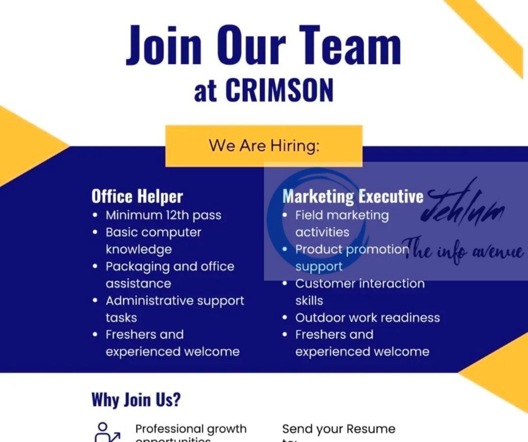 Crimson Srinagar Office Helper/Marketing Executive job opportunities 2025