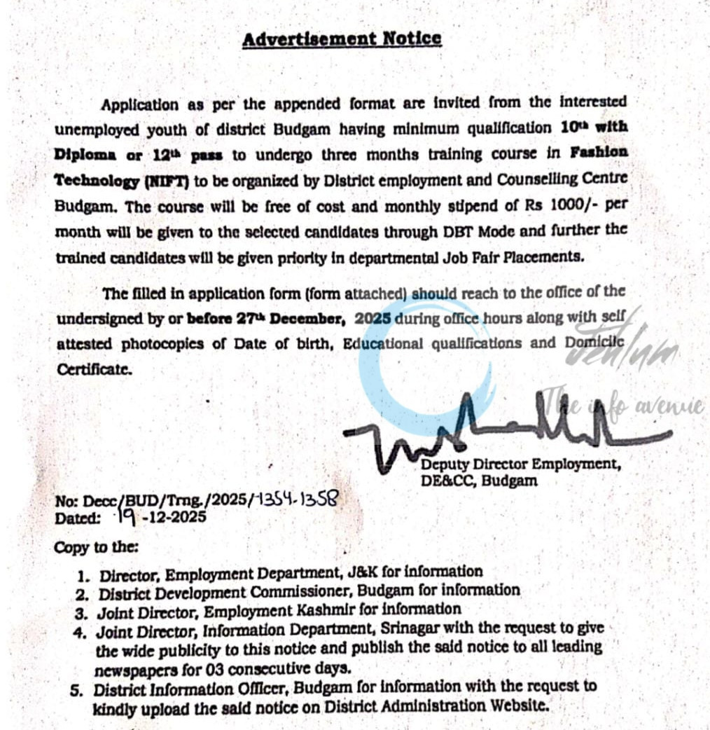 Free Fashion Technology Skill Development Training opportunities notice 1354–1358/2025