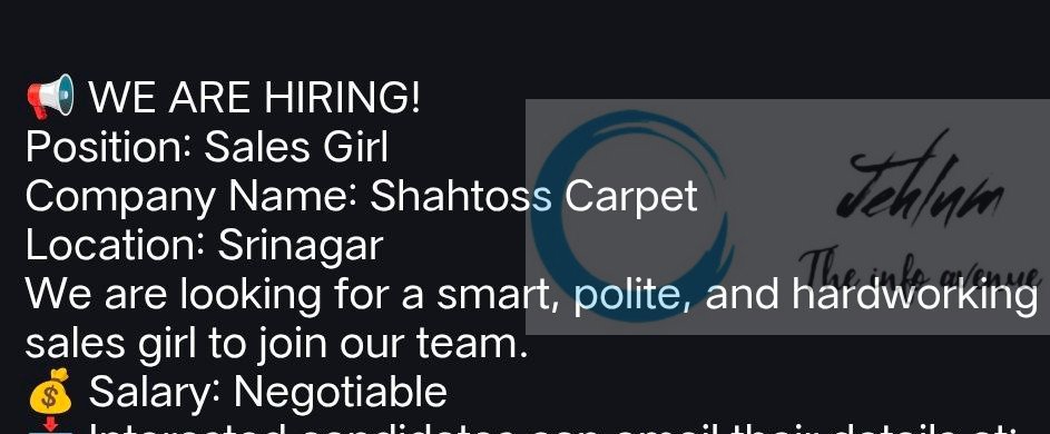Shahtoss Carpet Srinagar Sales Girl Job Opportunities 2025