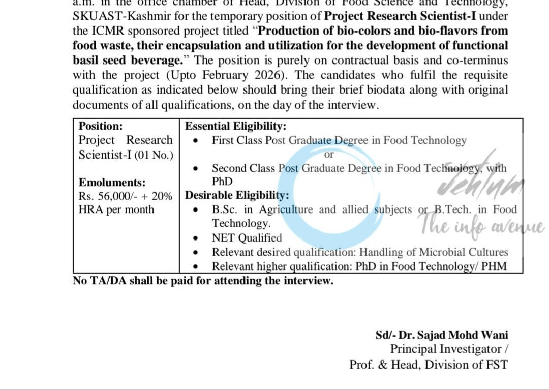 SKUAST KASHMIR Division of Food Science and Technology Faculty of Horticulture Project Research Scientist-I walk in 2025