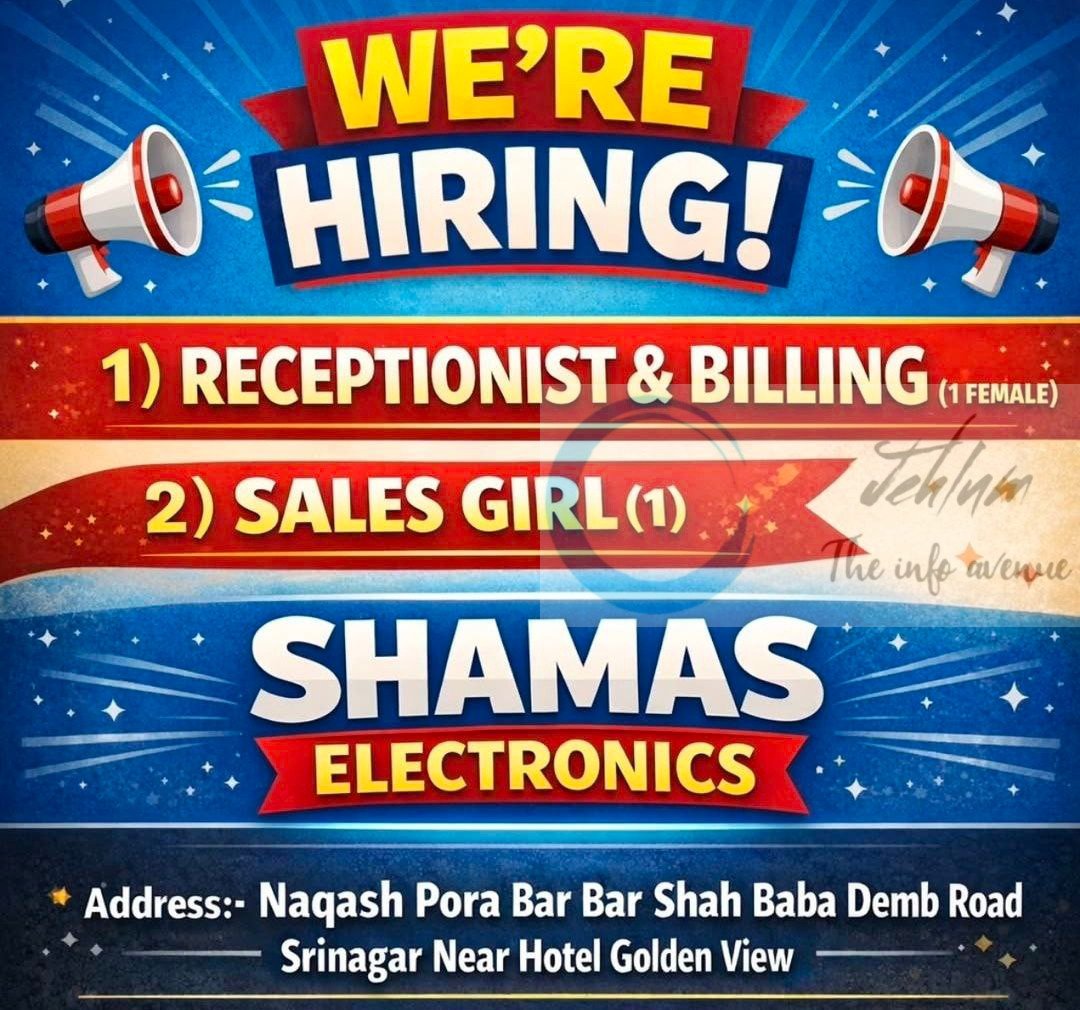 Shamas Electronics SE Srinagar Receptionist and Sales Girl job opportunities 2025