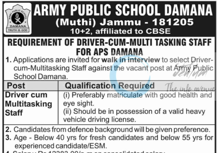 APS Damana Jammu Driver cum Multitasking Staff Jobs Opportunity 2025