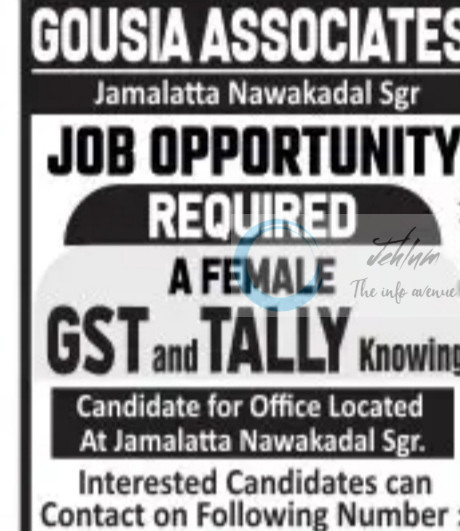 Gousia Associates GA Srinagar Office Assistant/GST and Tally Accounts Executive Job Opportunities 2025