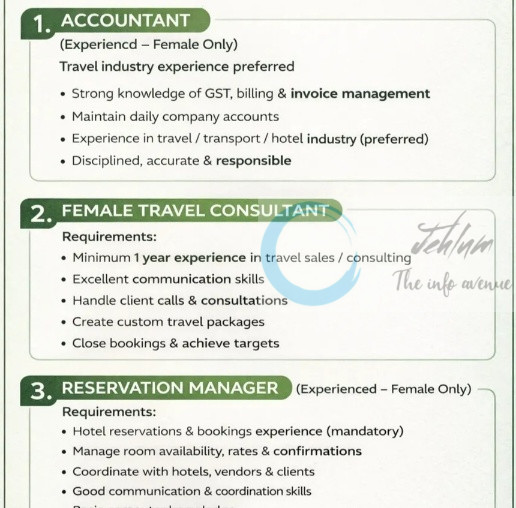Rooh e Kashmir Srinagar Accountant/ Travel Consultant/ Reservation Manager Jobs Opportunity 2025
