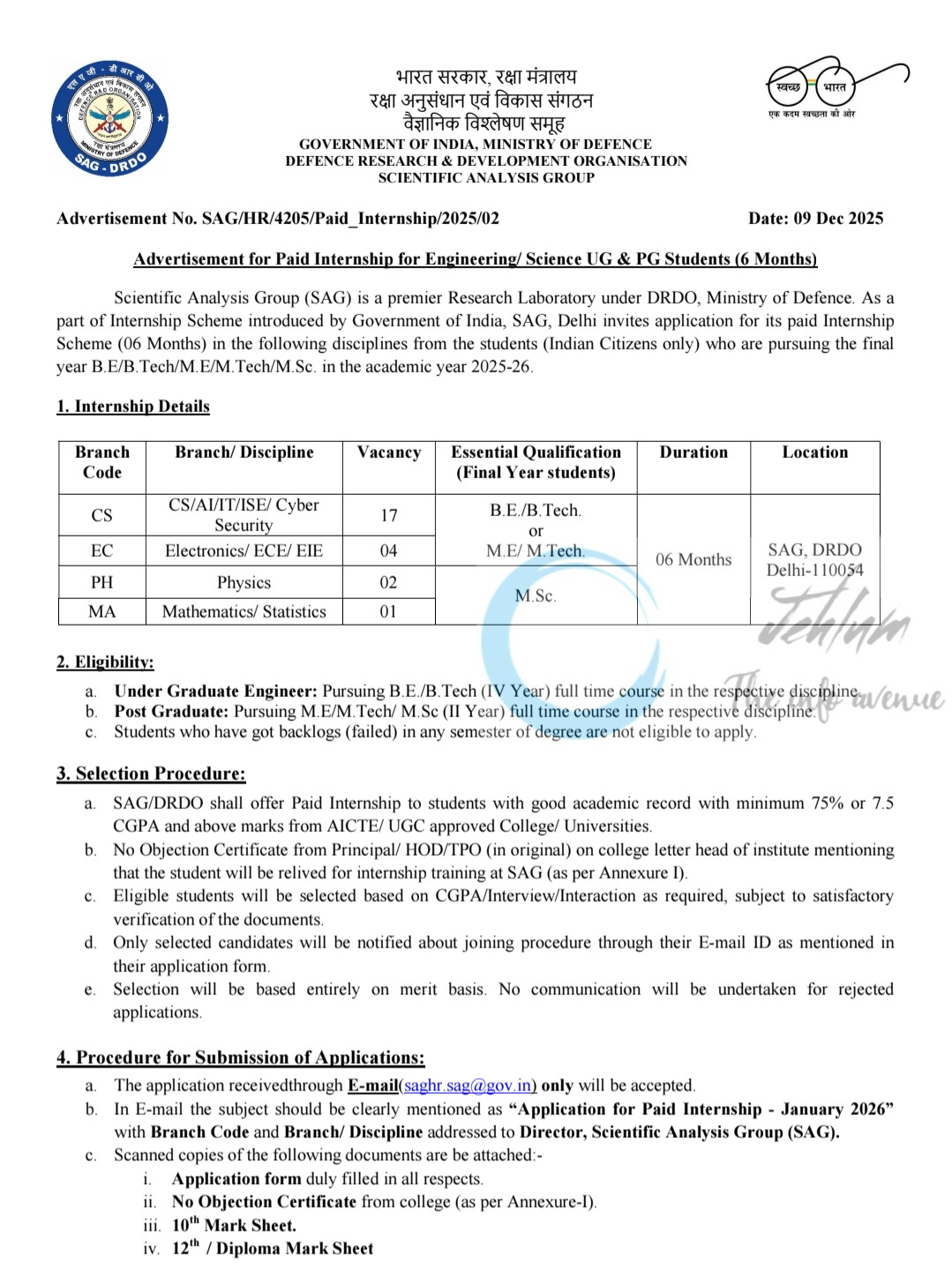 DRDO SAG Scientific Analysis Group Paid Internship Opportunity Advertisement No SAG/HR/4205/Paid_Internship/2025/02