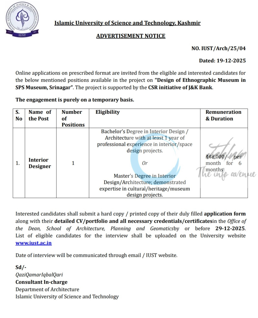 IUST Deptt of Architecture Interior Designer Recruitment Opportunity IUST/Arch/25/04
