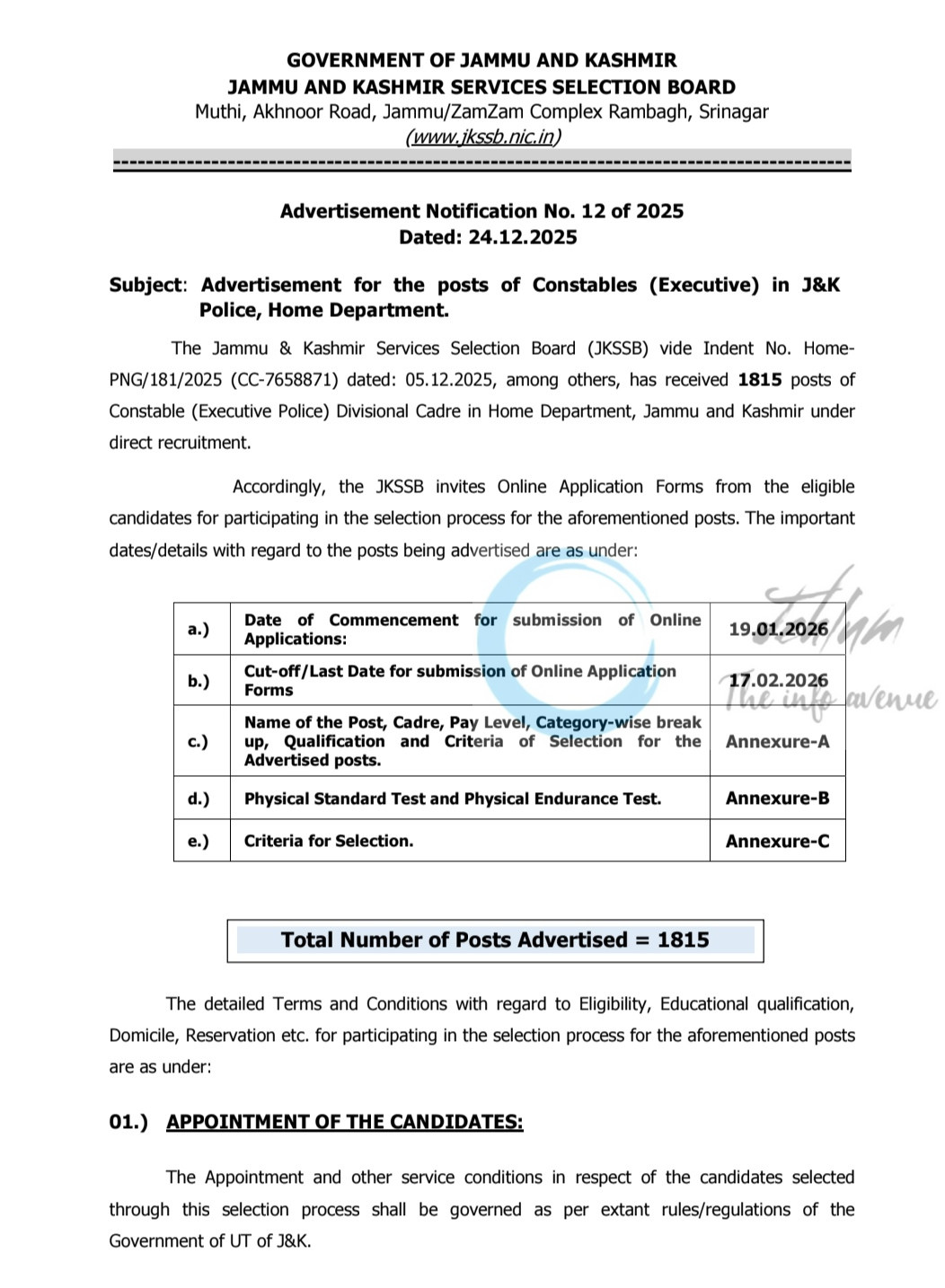 JKSSB J&K Police Home Department Constable Executive Recruitment Advt 12 of 2025