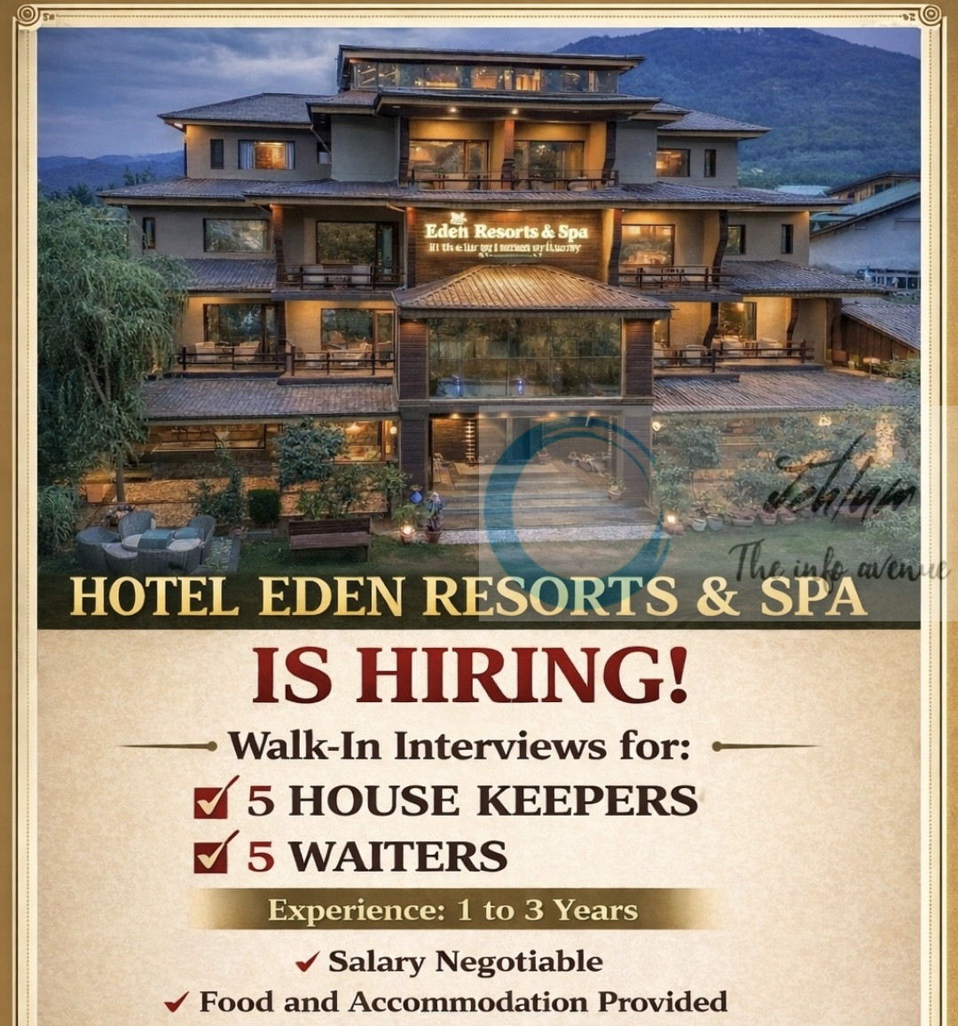 Hotel Eden Resorts Spa ERS Pahalgam Housekeepers/ Waiters Job Opportunities 2025
