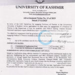 Kashmir University KU Deptt of Law Professor of Practice Recruitment Advertisement 13 of 2025