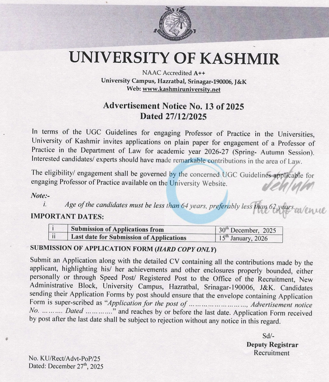 Kashmir University KU Deptt of Law Professor of Practice Recruitment Advertisement 13 of 2025