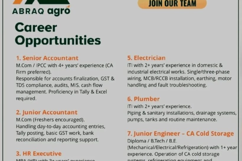 ABRAQ Agro Pulwama Senior Accountant and HR Executive Job Opportunities 2025