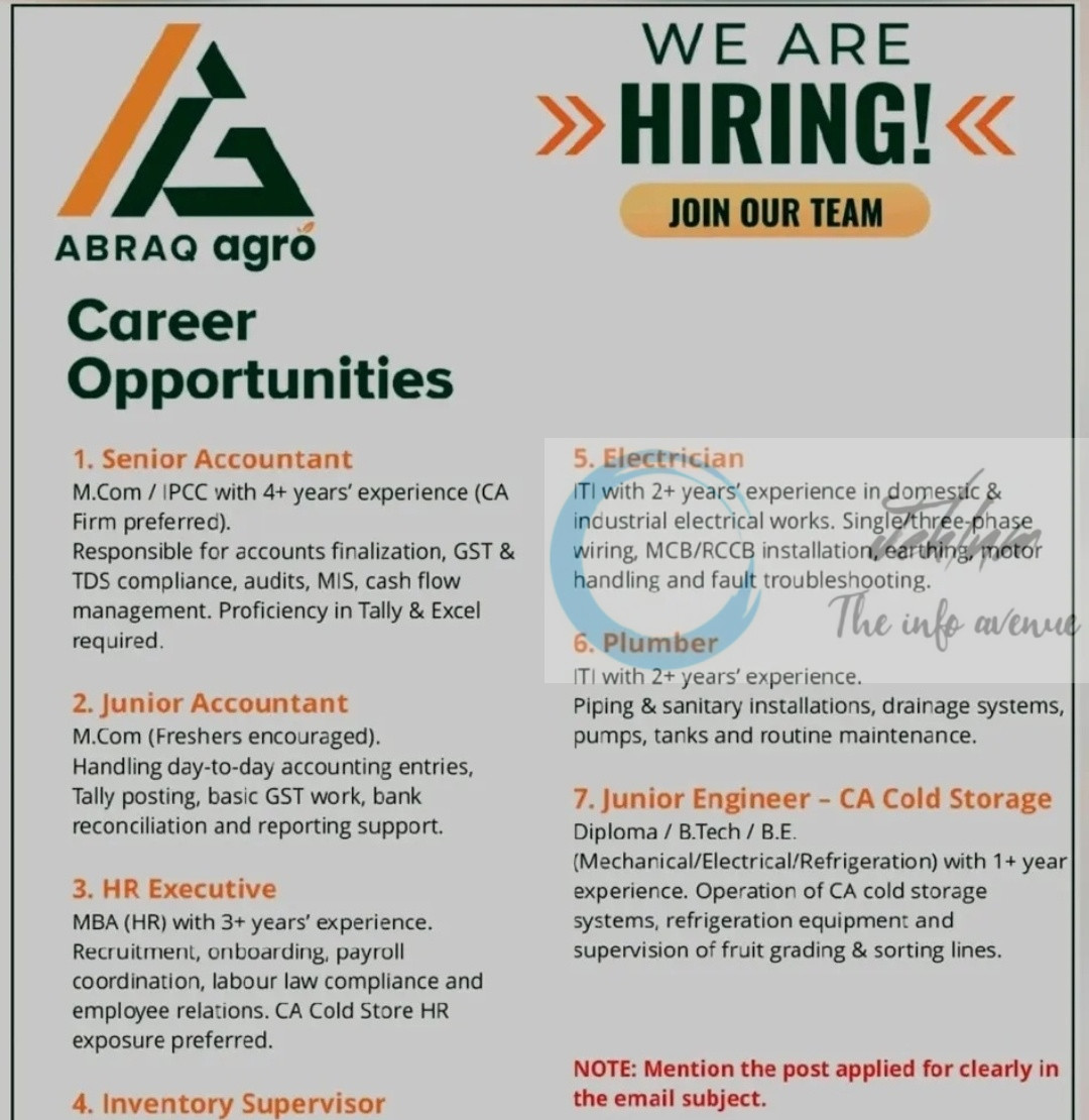 ABRAQ Agro Pulwama Senior Accountant and HR Executive Job Opportunities 2025