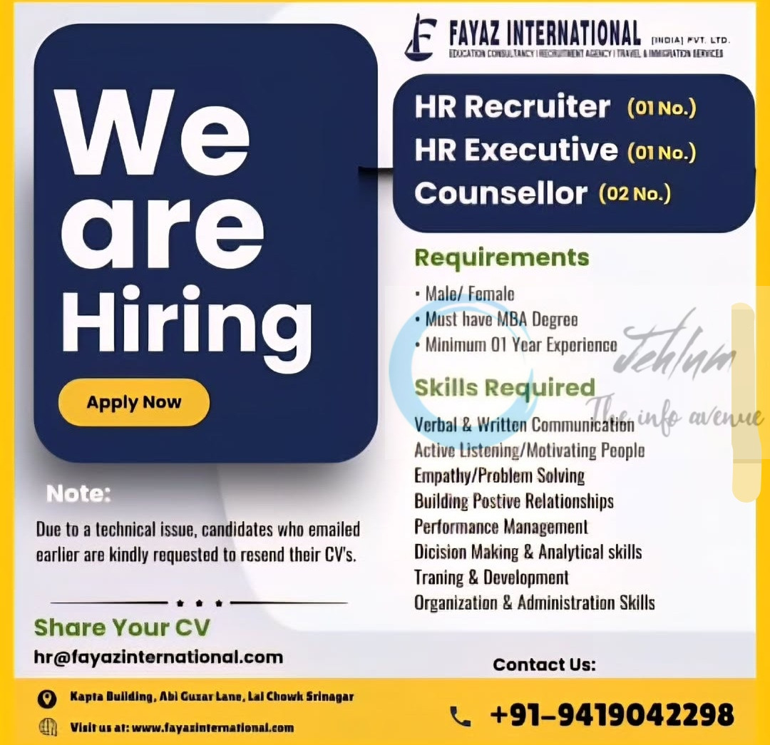 Fayaz International Srinagar HR Recruiter/ HR Executive/ Counsellor Job Opportunities 2025