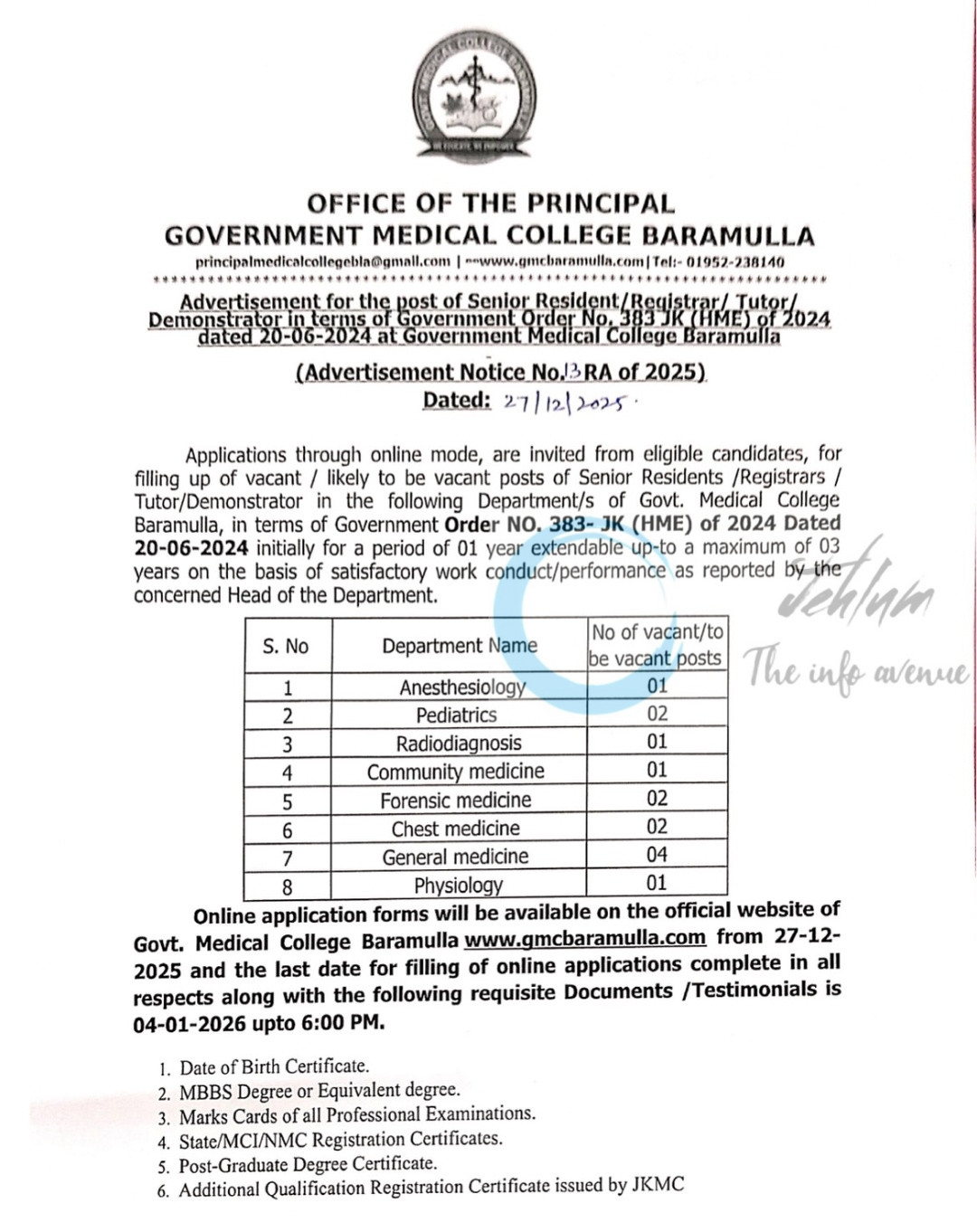 Govt Medical College GMC Baramulla Senior Resident/ Registrar Recruitment Advertisement Notice 13 RA of 2025