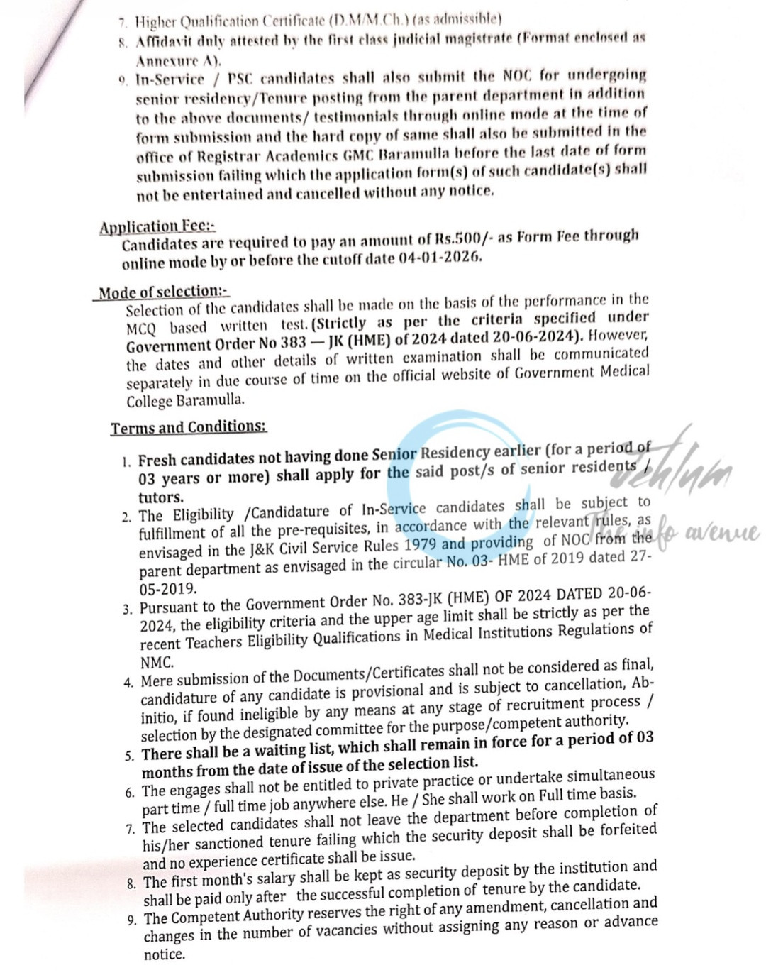 Govt Medical College GMC Baramulla Senior Resident/ Registrar Recruitment Advertisement Notice 13 RA of 2025