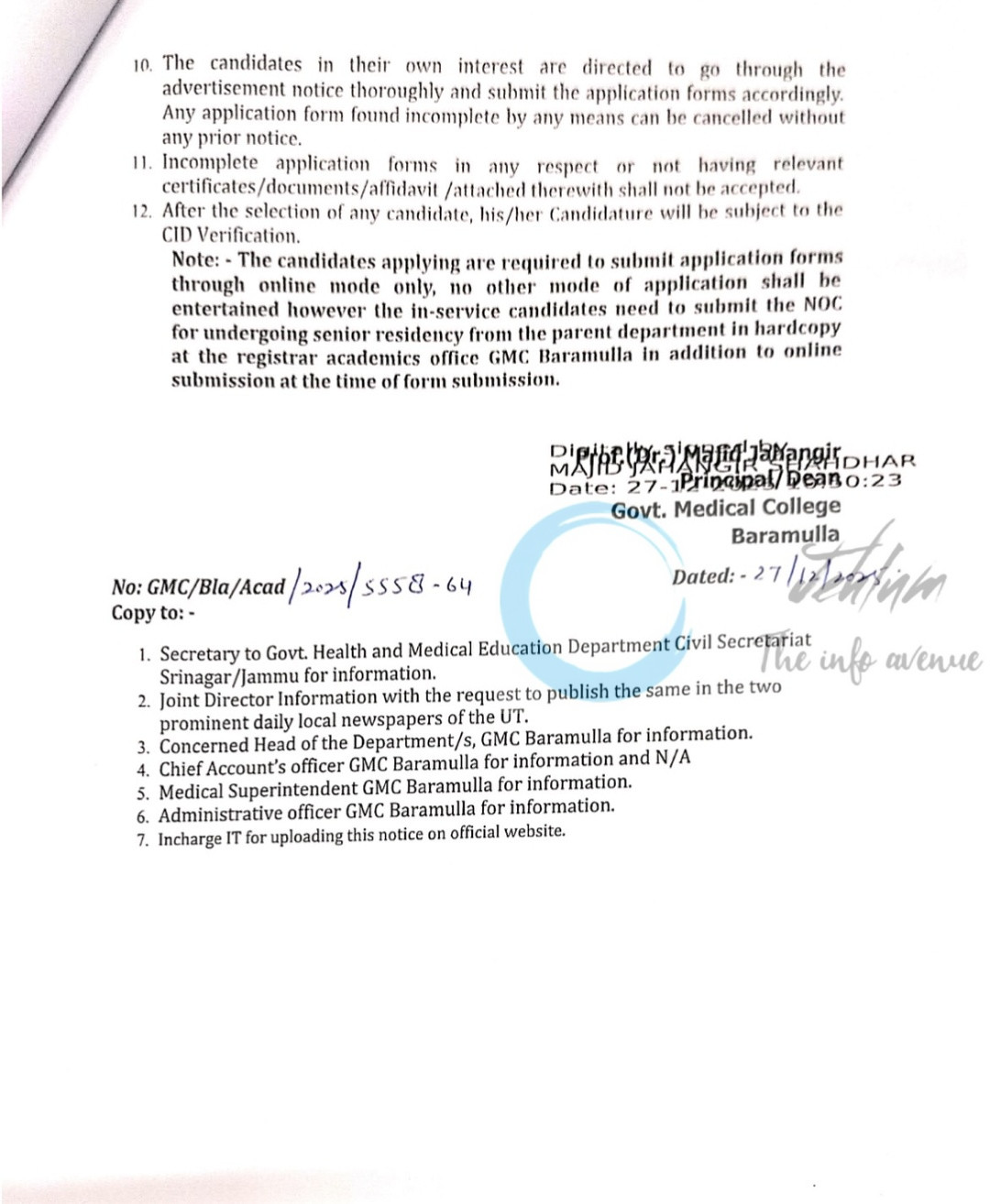 Govt Medical College GMC Baramulla Senior Resident/ Registrar Recruitment Advertisement Notice 13 RA of 2025