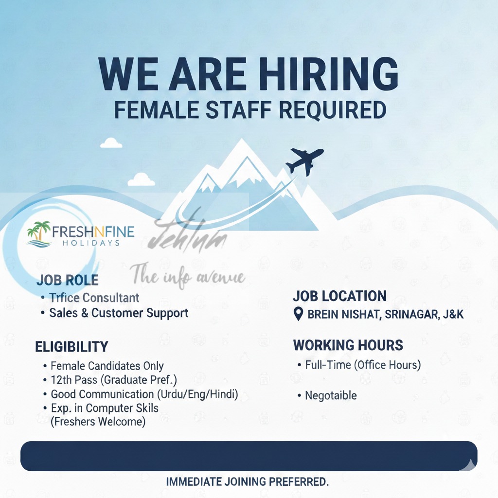 FreshnFine Holidays srinagar staff job opportunities 2026
